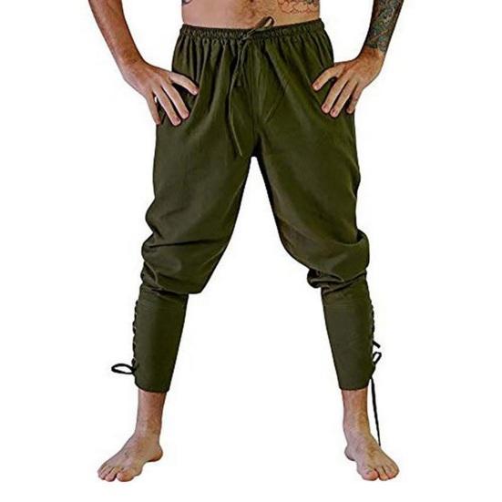 Men Pants Medieval Pirate Ankle-banded Lace-up Strap Elastic Waist Pleated Loose Solid Color Cropped Trousers Cosplay Performance Costume