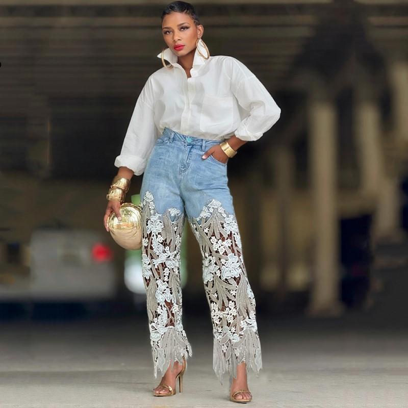 Кружево пэчворк большого размера Винтажные цветочные с высокой талией повседневные свободные длинные Женские весна лето осень джинсы деним широкие штаны