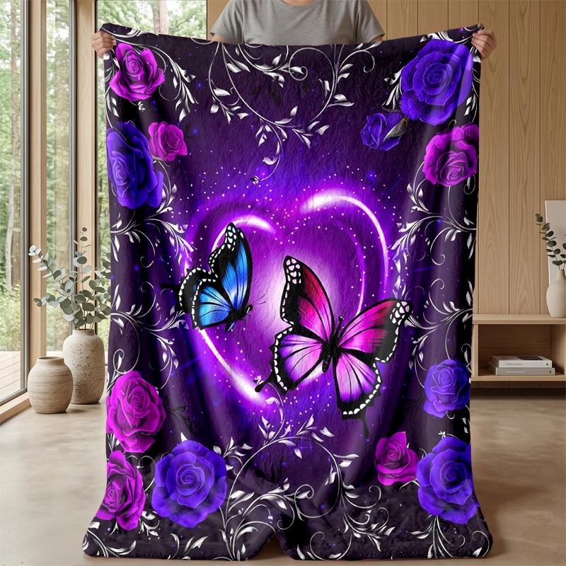 Purple Heart with Blue Butterflies Theme blanket Lightweight Warm Flannel Blanket Decorative Throw Blanket for Home Decoration