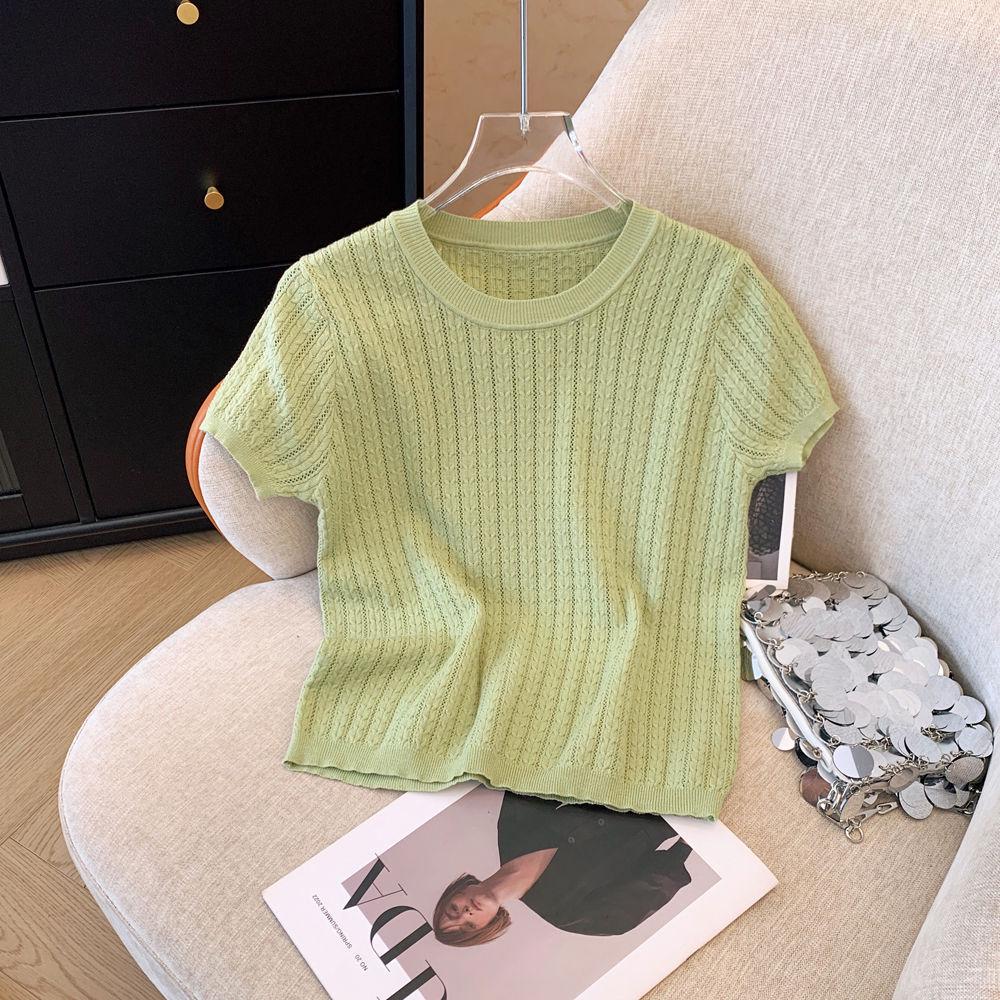 Женский топ с коротким рукавом в корейском стиле, вязаный ажурным узором, весна/лето 2025