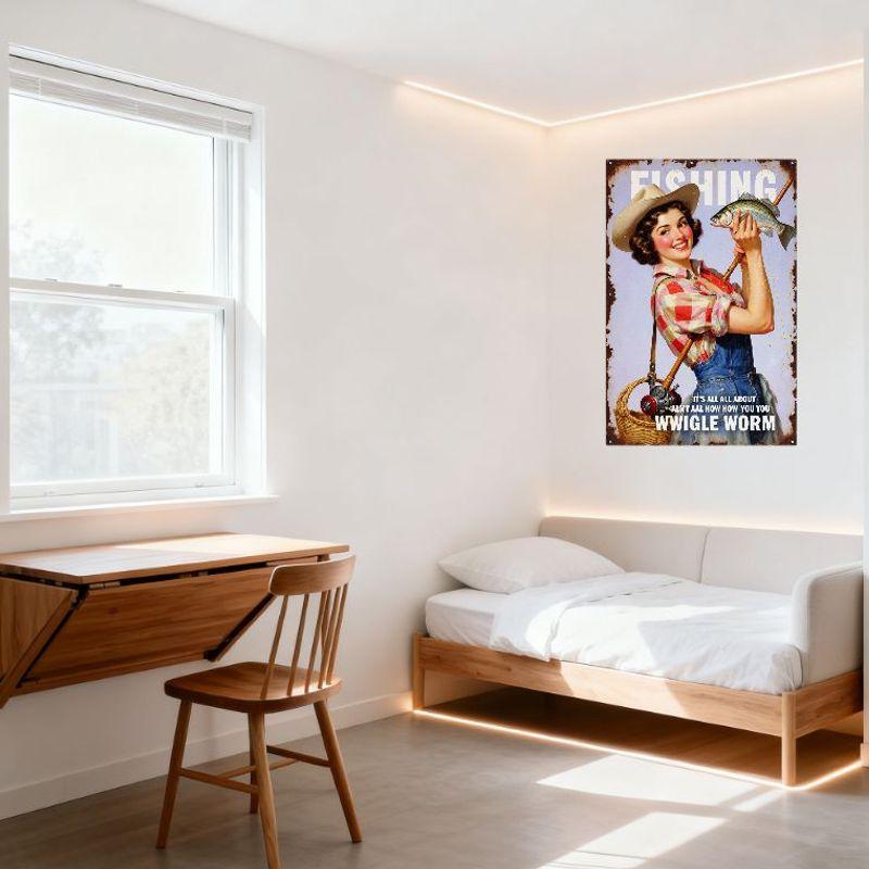 Винтажная металлическая жестяная вывеска Pin-Up с изображением рыбачки, Потрепанная ржавая окантовка, Ретро Декор Женщина с удочкой с надписью 'FISHING' для Мужской Комнаты Бара