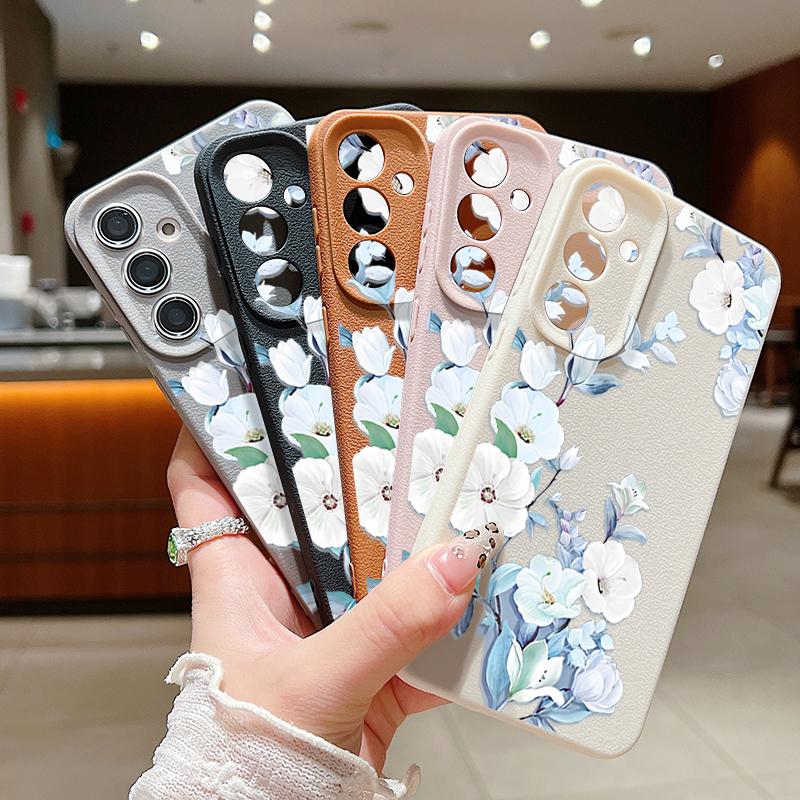 Матовый чехол для телефона с цветочным узором и текстурой из кожи для Samsung S25 Ultra S24 FE S23 S22 A36 A56 A16 A55 A26 A15 A35, тонкий противоударный мягкий чехол-накладка из ТПУ