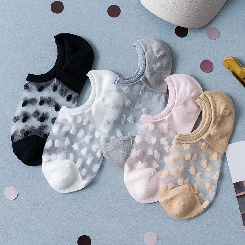 Летние женские шелковые носки до щиколотки с кружевом, ультратонкие, прозрачные из стекловолокна, модные носки в горошек, милый стиль Харадзюку, новые