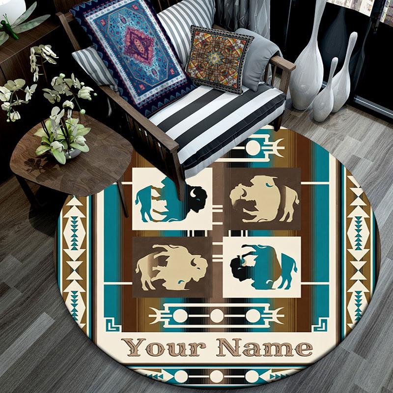 Custom Name,Boho Southwest Cowboy Animal pattern round rug,Carpet Rug for Living Room Bedroom Playroom ,Non-slip Floor Mat,Holiday Gifts and Birthday 