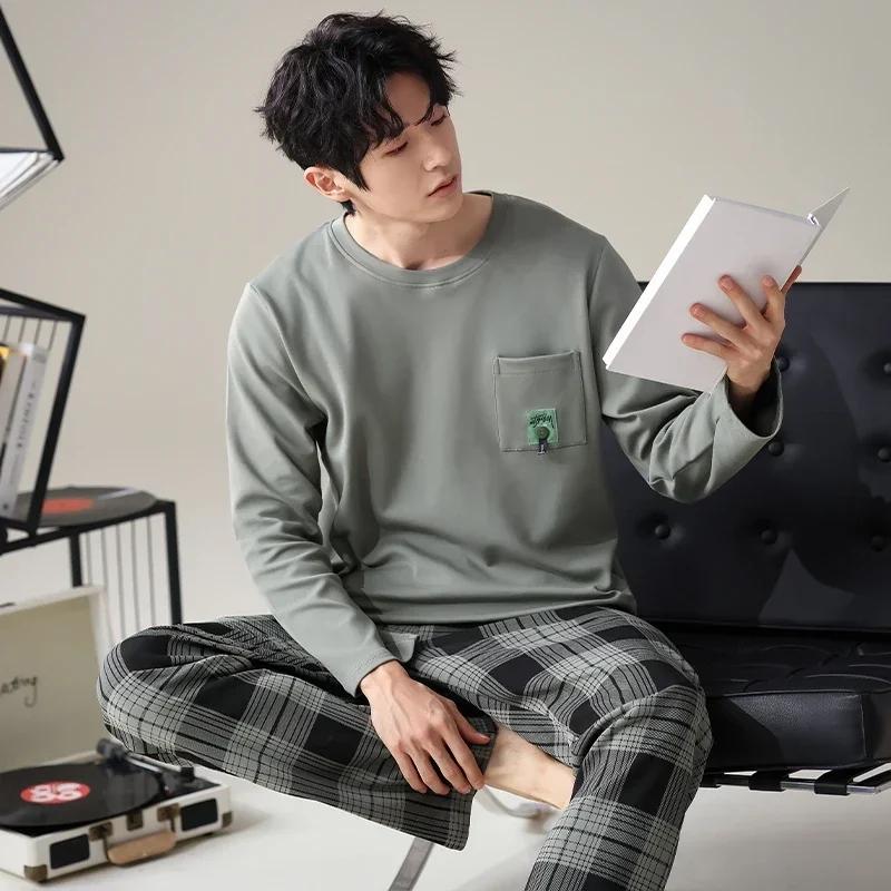 Хлопковая пижама для мужчин с длинными рукавами, топ, брюки, ночная рубашка для молодых мальчиков, мужская ночная рубашка в полоску, домашняя одежда