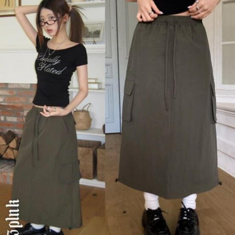 The Pink Tarmil Banding String Cargo Pocket Long Skirt