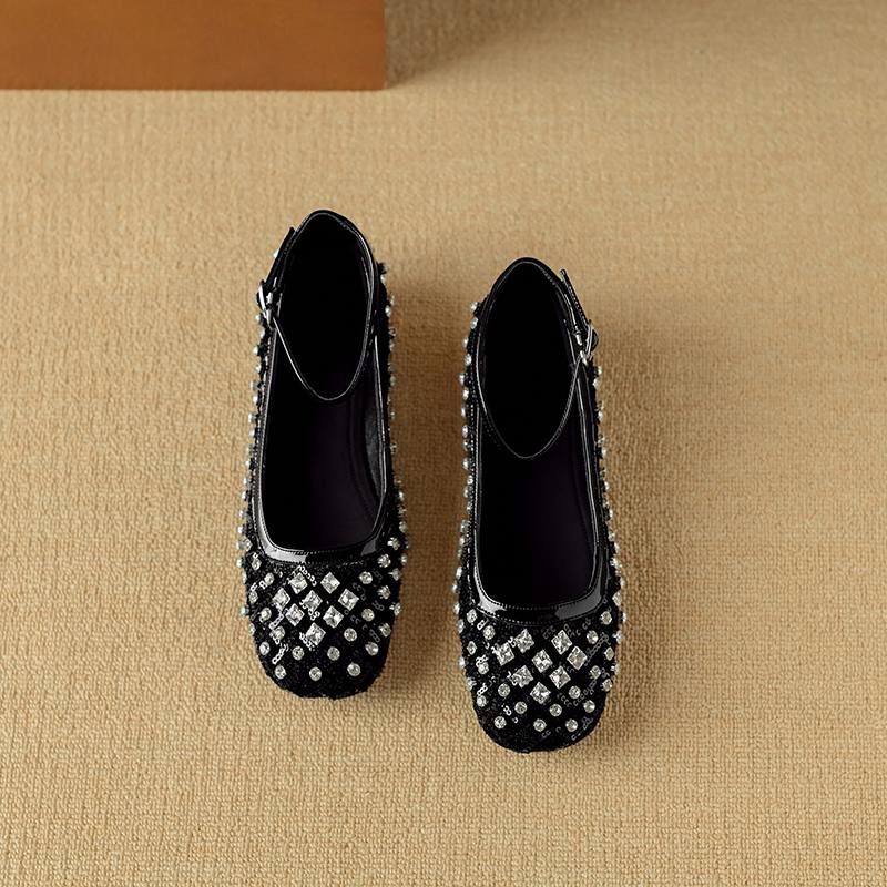 Krazing Pot Трикотаж Овчина Лето Размер 40 Кристалл Низкий каблук Ремешки на щиколотке Стразы Квадратный носок Элегантные Милые Туфли