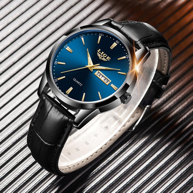 LIGE Лучший бренд, мужские кожаные деловые часы с датой, водонепроницаемые светящиеся часы, мужские роскошные спортивные водонепроницаемые кварцевые наручные часы
