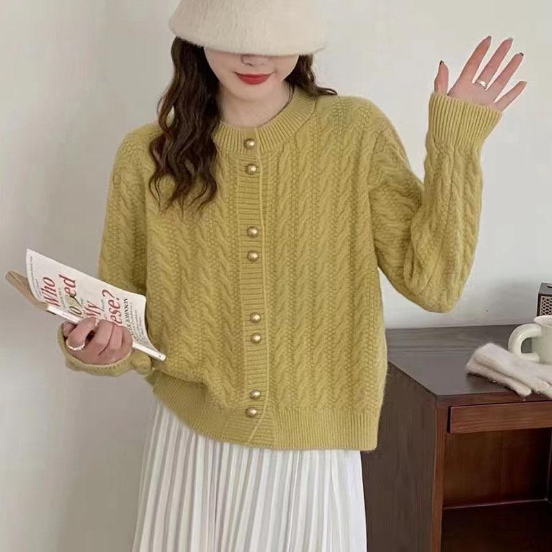 Милый розовый мягкий и универсальный свитер для весны и осени, женская одежда, витой цветок, плечо, круглый вырез, легкий стройнящий вязаный кардиган для взрослых