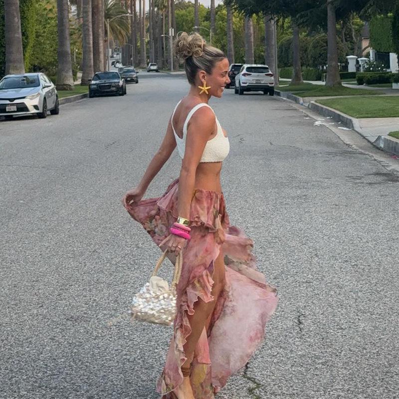 Европейский стиль 2024 года, макси-юбка с цветочным принтом, асимметричная, с двухслойными оборками