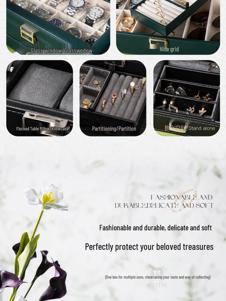 Коробка для хранения часов и очков из ПУ кожи с зернистой текстурой личи с несколькими отделениями