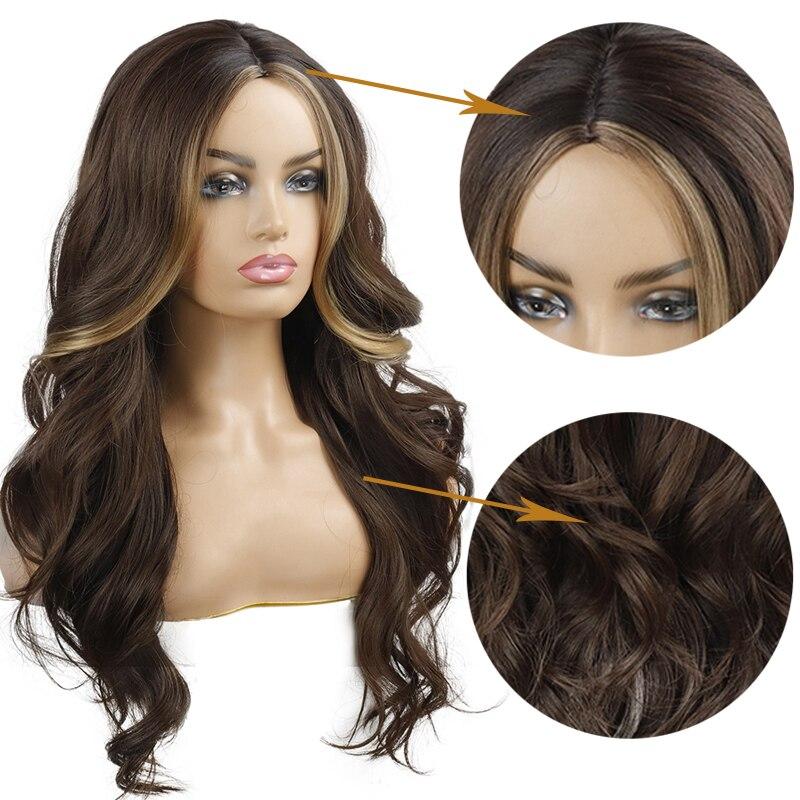 MISS WIG Long Black Brown Gloden Honey Wavy Wig with Highlights Cosplay Synthetic Wigs Women Heat Resistant Middle Part Wigs