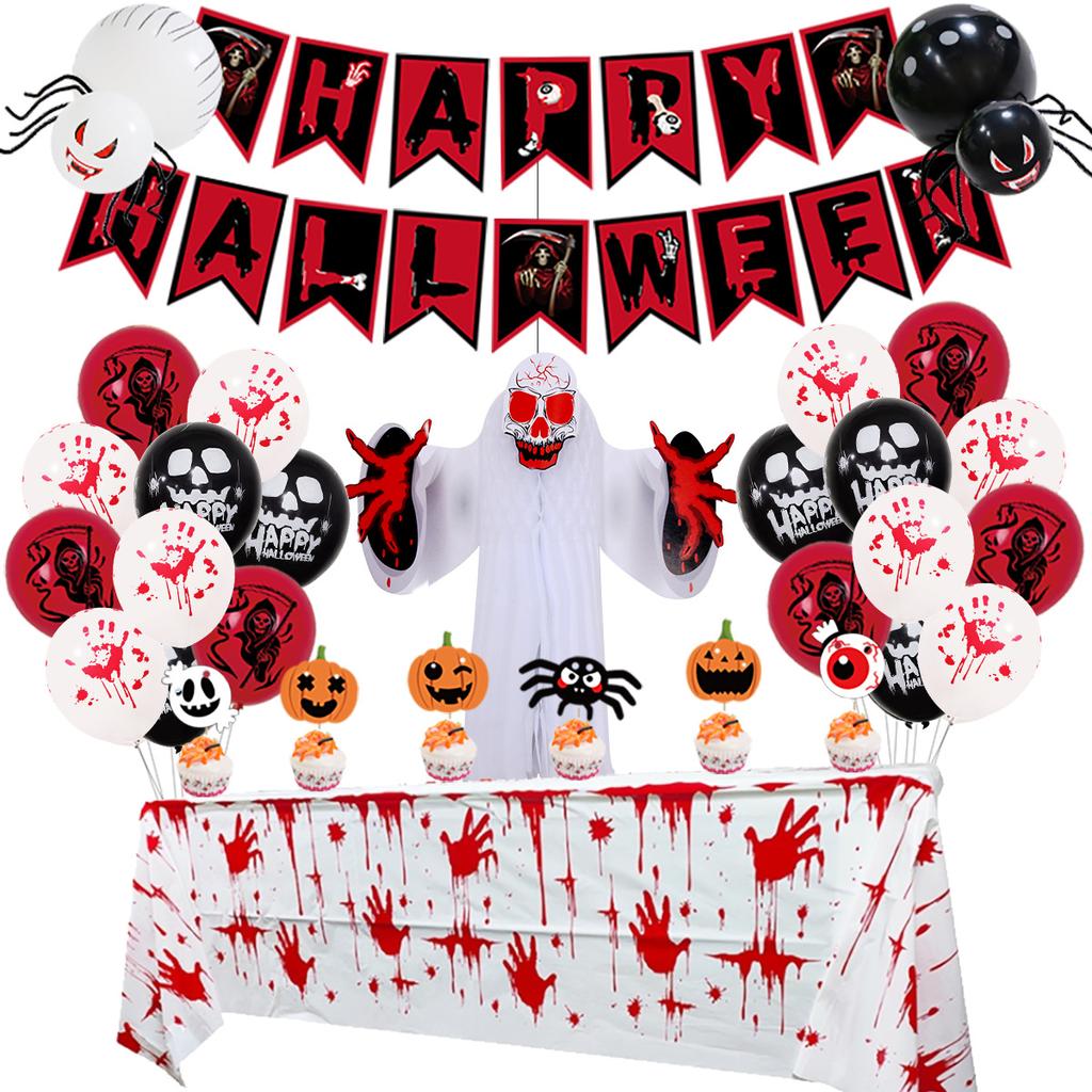 Terrifying Halloween party supplies banners, balloons, spiders and skeleton ghosts, Halloween tablecloths, and Halloween party decoration cake sets