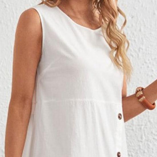 Женское хлопковое льняное платье-майка, повседневное, без рукавов, на пуговицах, с круглым вырезом, летнее, свободное