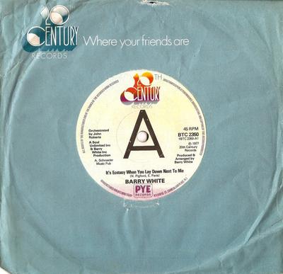 7-дюймовая пластинка BARRY WHITE - It's Ecstasy When You Lay Down Next BTC2350PROMO 20th Century Переиздание 1977 Великобритания Соул/Фанк Б/У