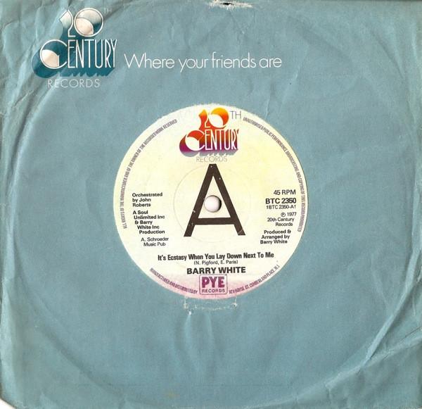 7-дюймовая пластинка BARRY WHITE - It's Ecstasy When You Lay Down Next BTC2350PROMO 20th Century Переиздание 1977 Великобритания Соул/Фанк Б/У