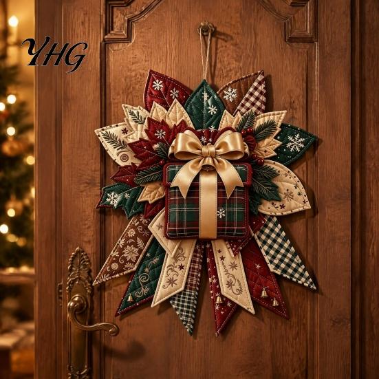 Artisan Fabric Christmas Decorations DIY Quilted Bow Sewing Craft Kit, Pre-cut Patchwork Sophisticated Crafting Set Set, Holiday Door Hanger for Wall