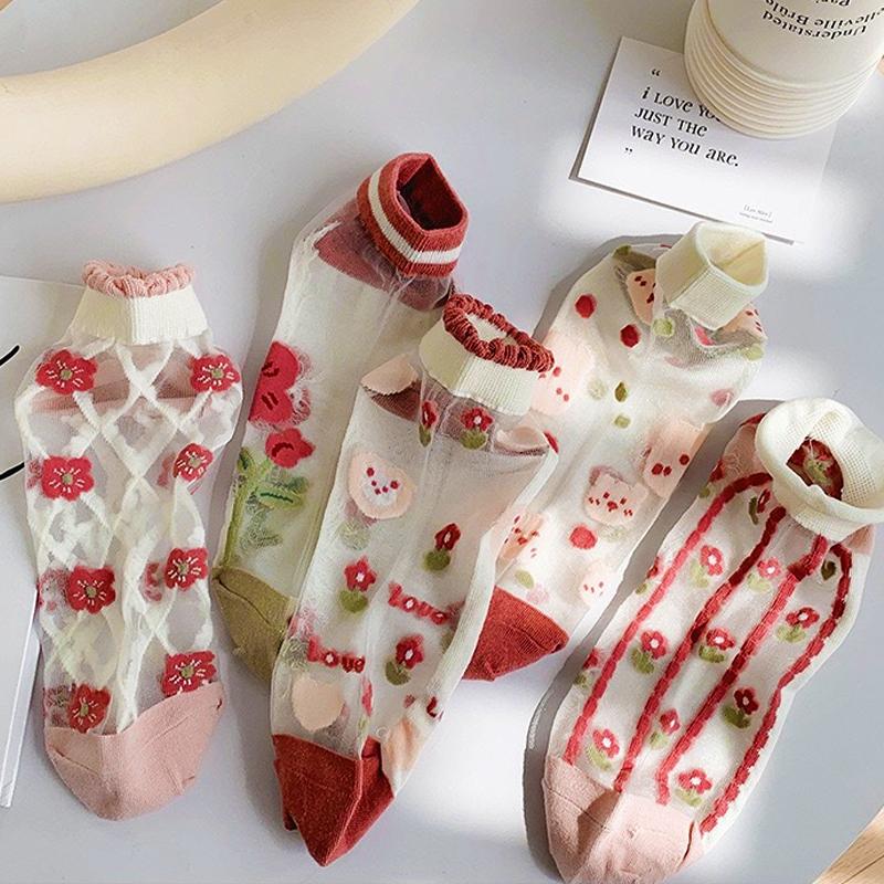5 пар женских носков Harajuku, летние носки с кружевом и рисунком, повседневные носки, прозрачные эластичные короткие носки для школьниц