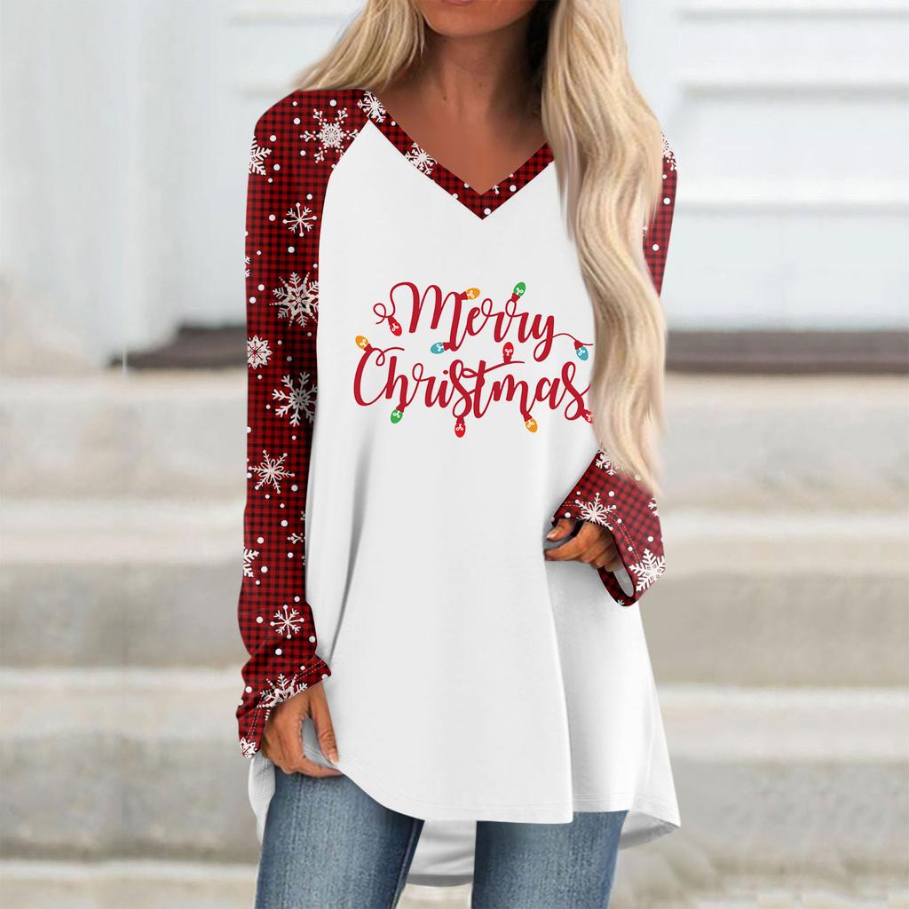 Женская и зимняя футболка с длинными рукавами и V-образным вырезом с рождественским принтом, повседневная длинная свободная футболка