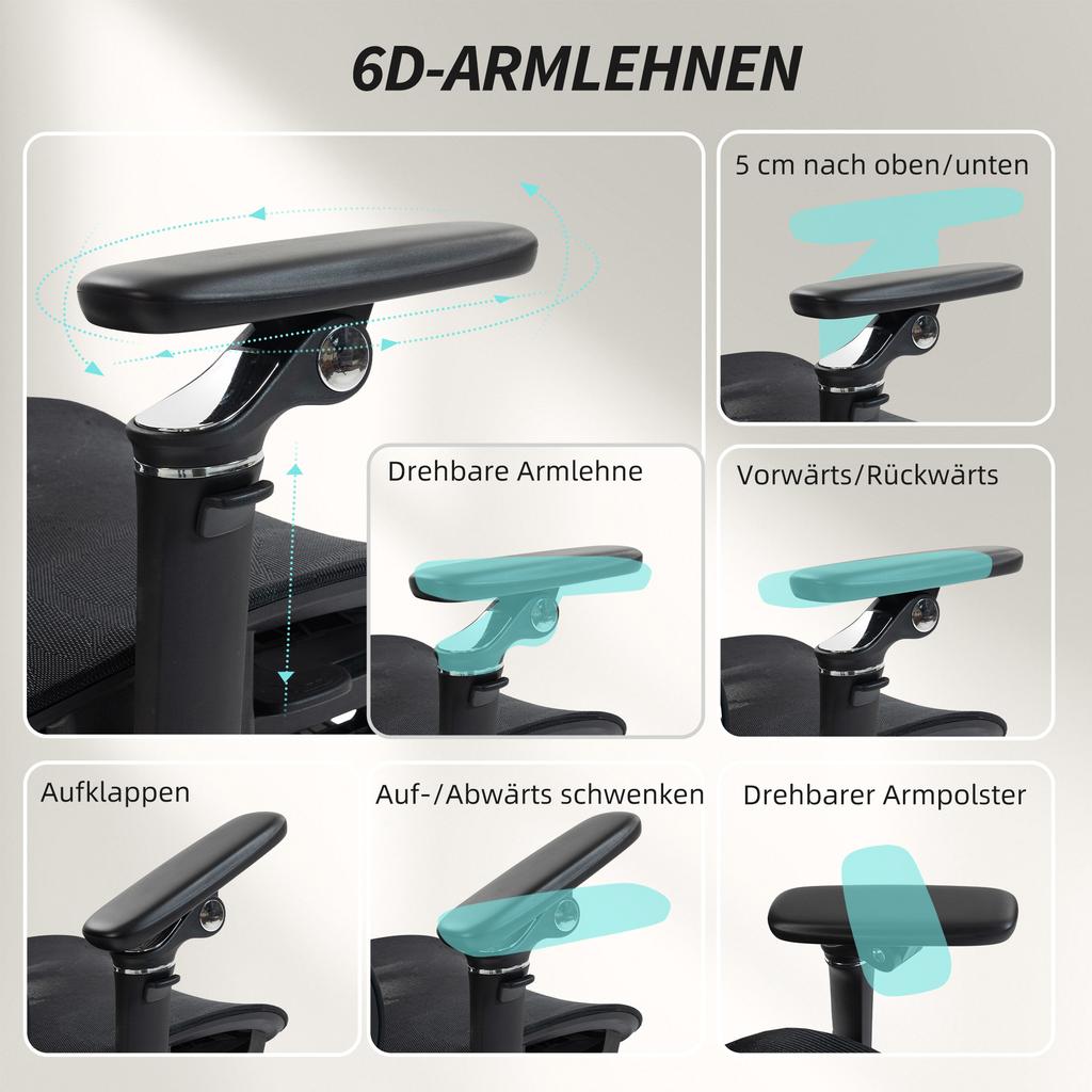 Office Chair Ergonomic Desk Chair with Adjustable Lumbar and Head Support 6D Folding Armrests Footrest Mesh Black