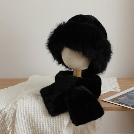 Winter Fuzzy Hat Scarf Set for Women Faux Fur Collar Wrap Scarf Thickened Plush Warm Cap for Cold Weather