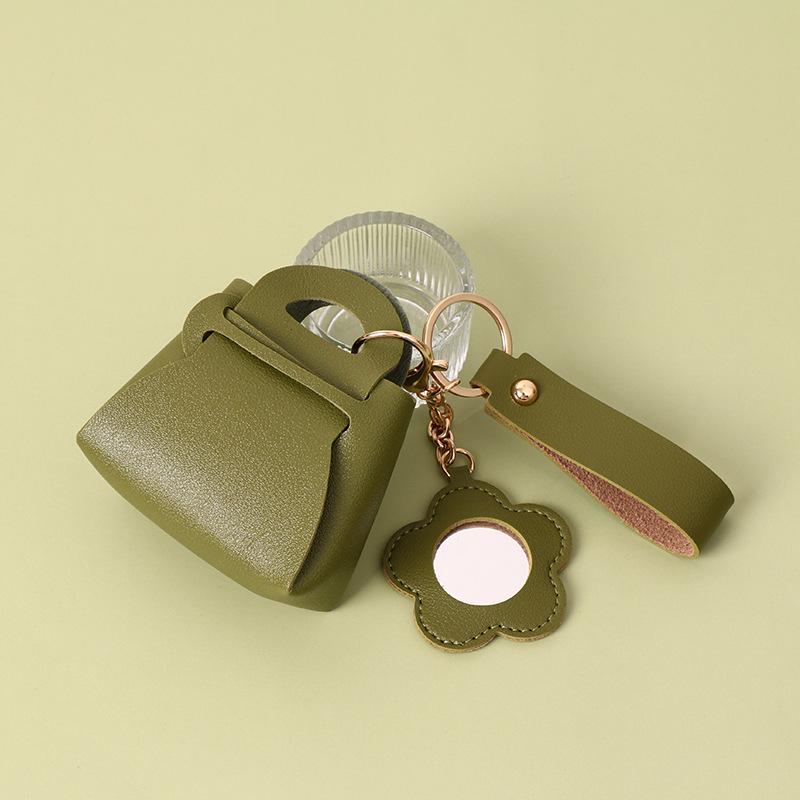 Креативный брелок из ПУ кожи в корейском стиле: Мини-зеркало, Сумка для хранения, Однотонный кошелек