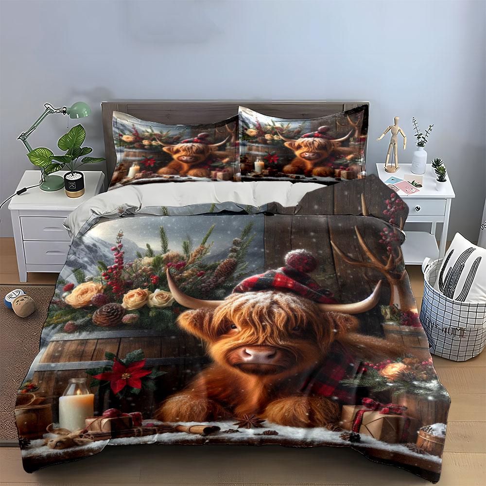 Highland Cow Christmas Decor Soft Skin-Friendly Bedding Set Includes 1 Duvet Cover And 2 Pillowcase, Gift