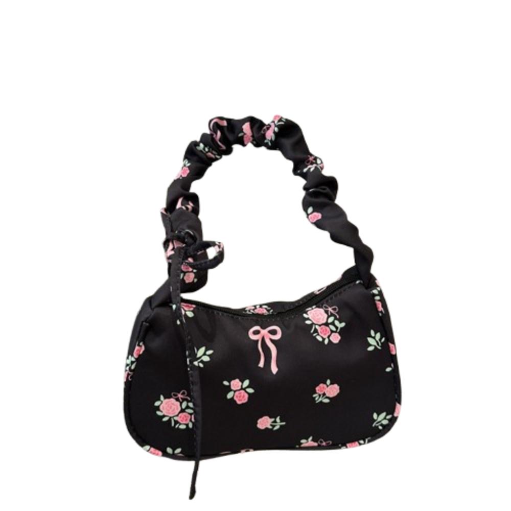 Sweet Nylon Handbag Bowknot Floral Shoulder Bag Korean Style Flower Pleated Underarm Bag Summer