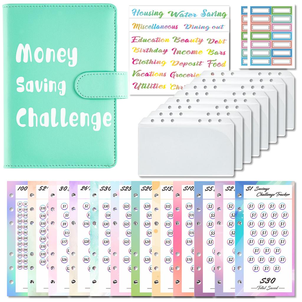 A6 Macarone Money Saving Challenge with 8Pcs Loose-Leaf Binder Budget Binder with Cash Envelopes Money Organizer System