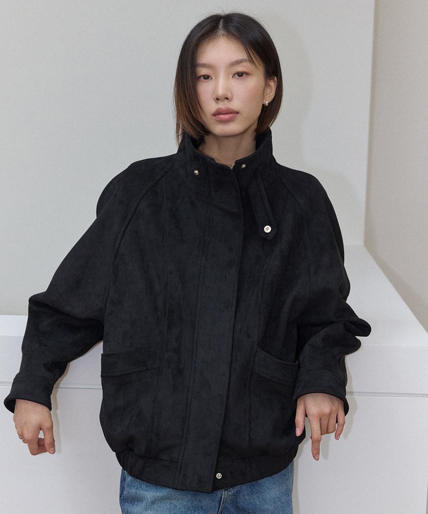 OURHOPE Curved High-Neck Suede Jacket - Black