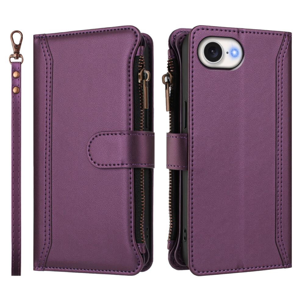 (Purple) For iPhone 16e Leather Case 9 Card Slots Zipper Wallet Stand Phone Cover with Wrist Strap
