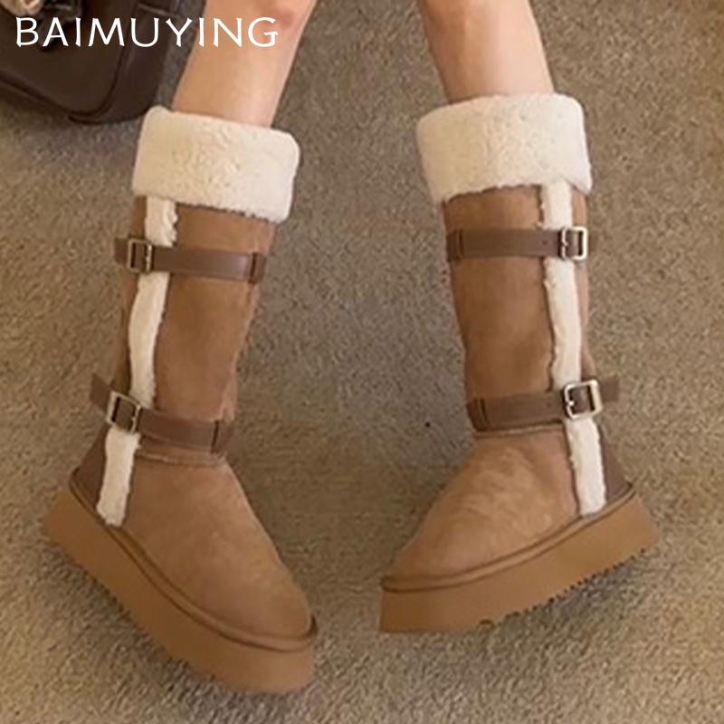 Меховые женские высокие сапоги на замшевой платформе короткие плюшевые хлопковые туфли на плоской подошве 2025 года, трендовые зимние дизайнерские теплые туфли до середины голени для снега Botas De Mujer
