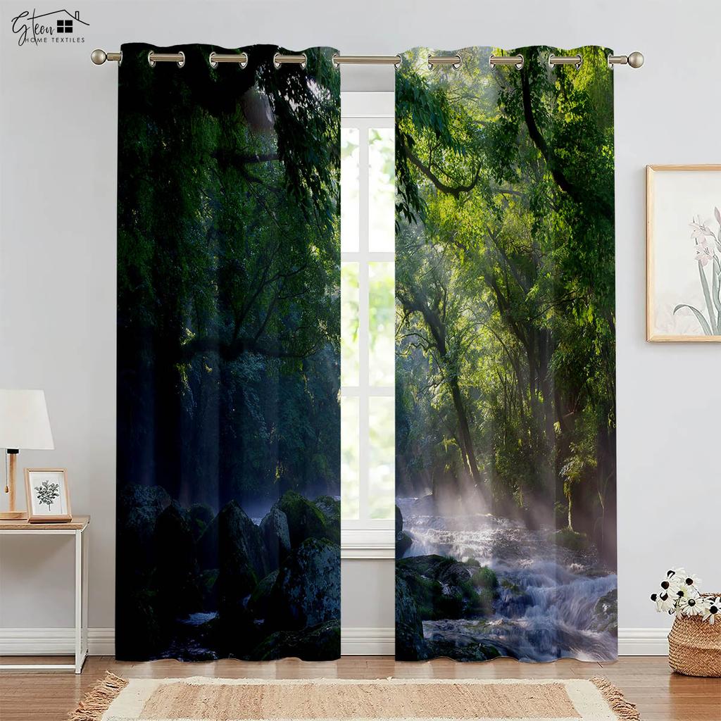 Природа Лесной пейзаж 3D Печать Шторы Зеленый Пастораль Солнечный свет Натуральный Аэробика B&B Отель Спальня Гостиная Шторы 2 ШТ