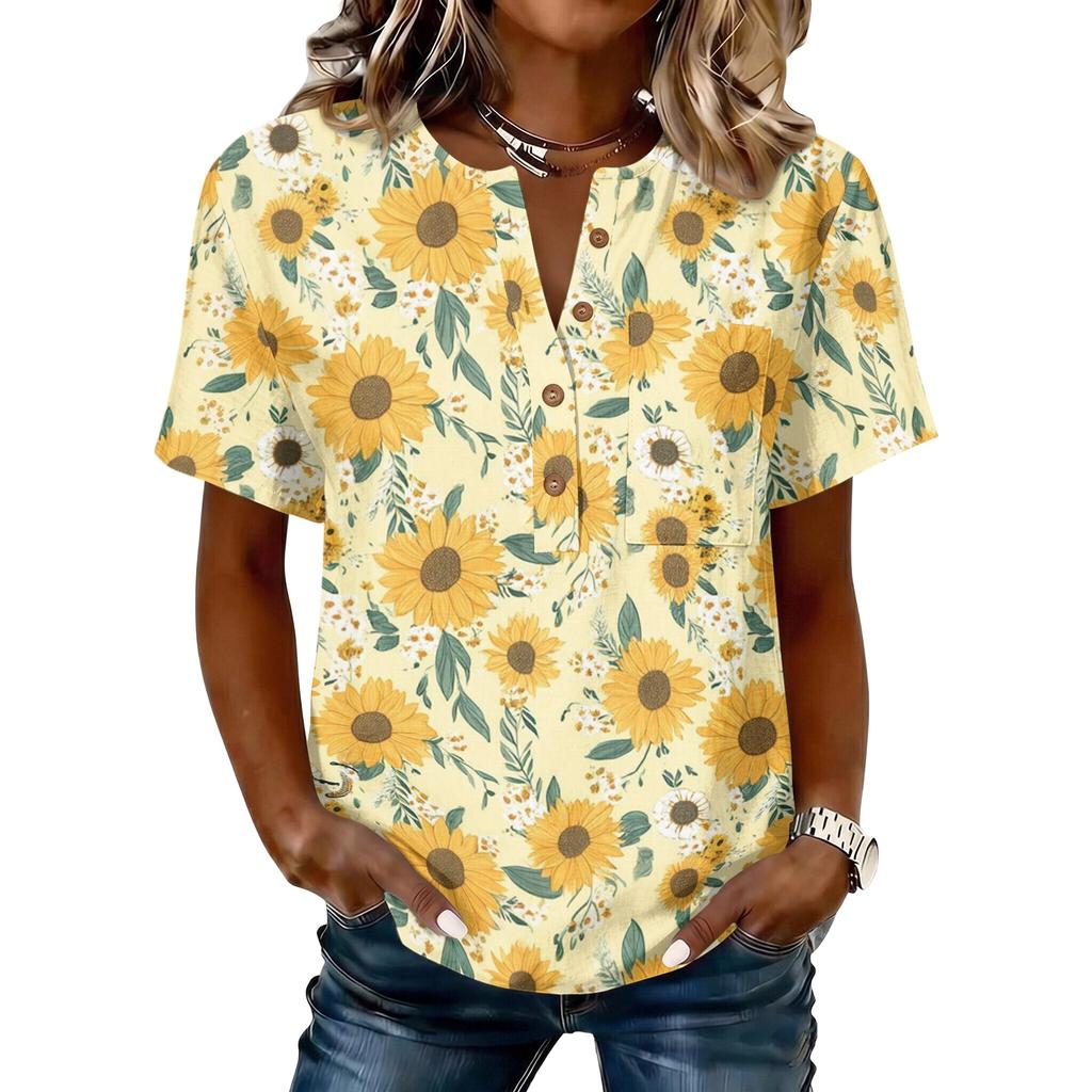 Женская хлопково-льняная рубашка-henley с коротким рукавом, принтом подсолнуха и пуговицами спереди, повседневный свободный топ для лета и весны