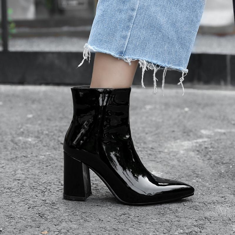 2019 New Sliver Gold Women Ankle Boots Pointed Toe Chunky High Heel Boots Mirror Metallic Women Pumps Female Sexy Stiletto Boots