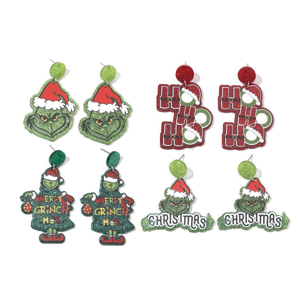 Christmas Monster Green Hat Acrylic Earrings – Fun Cartoon Holiday Women's Jewelry