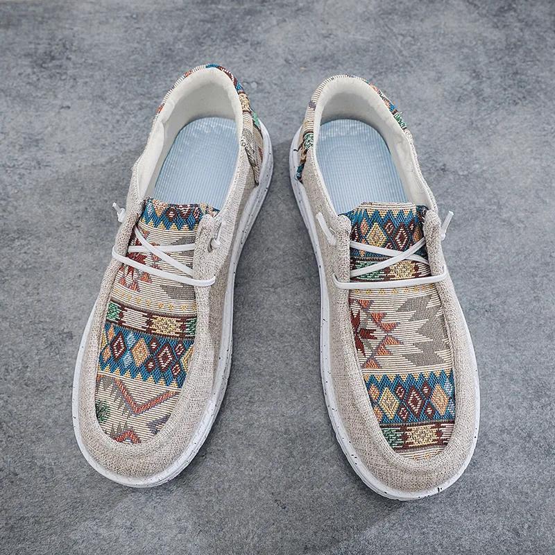 Модная новая этническая обувь для мужчин, льняная парусиновая обувь для ходьбы, трендовая обувь, повседневная дышащая обувь на плоской подошве