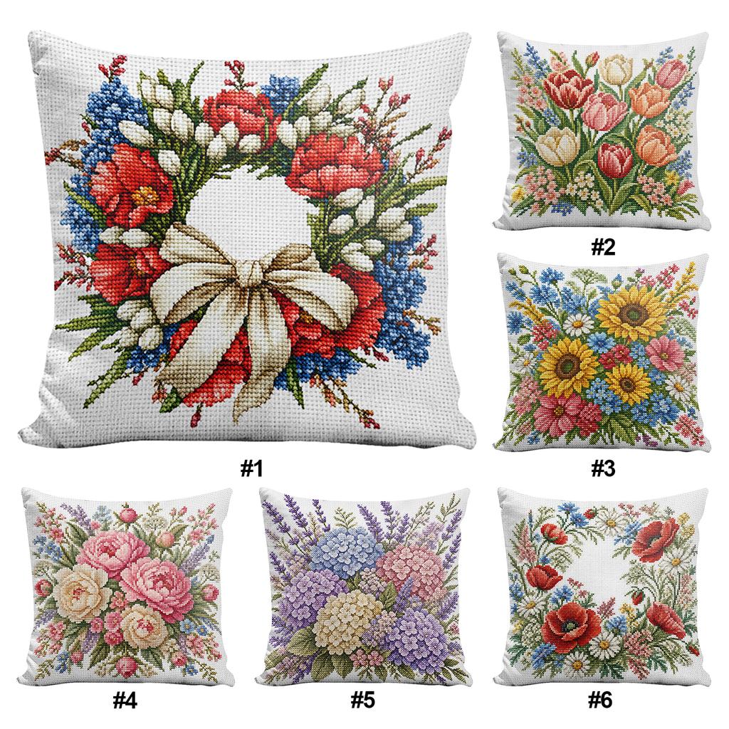 Flower Pattern Stamped Stitch Pillow Cover Kit 11CT 3-Strand Thread 45x45cm 3-Side Zipper DIY