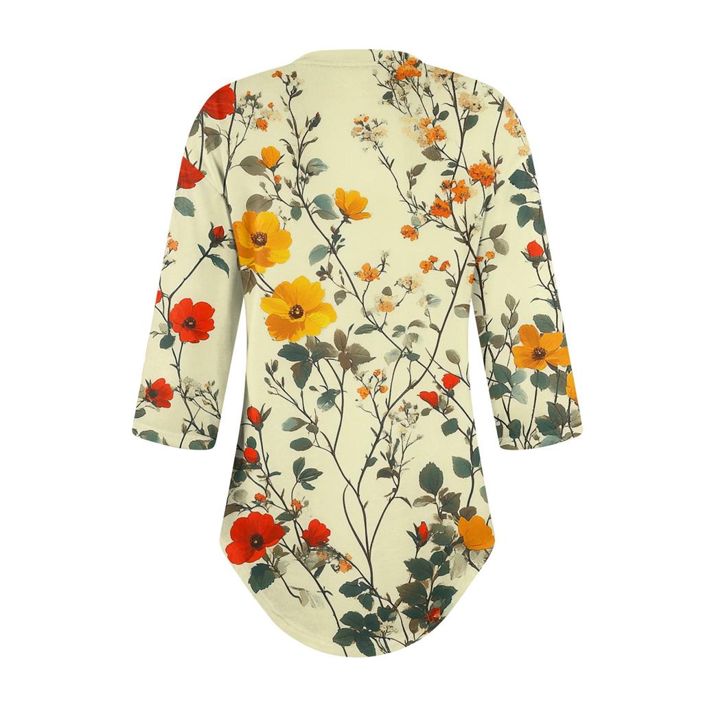 3/4 Length Sleeve Womens Tops Summer T-Shirts Floral Print V Neck Casual Basic Tee Button Shirts Tunic Tops