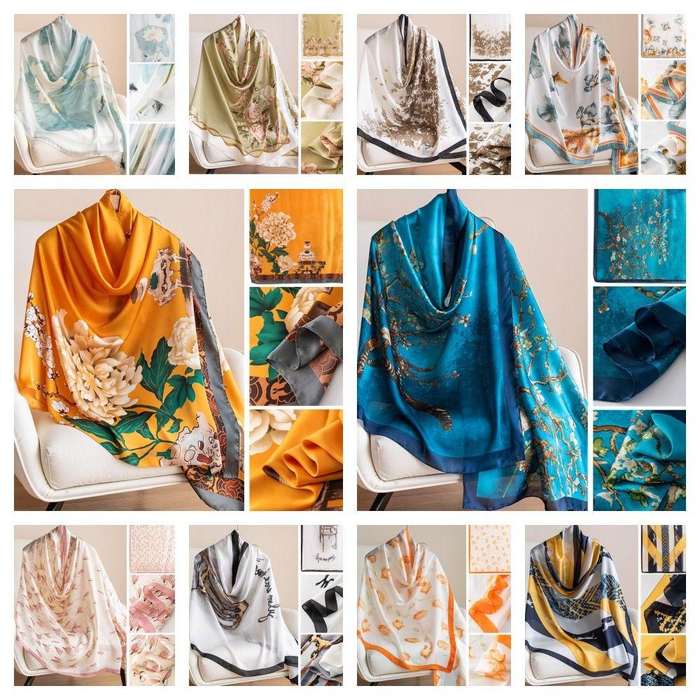 Шелковый шарф с узором «Лотос» Роскошный женский хиджаб Платки Головной платок Шифоновый шарф-накидка Весна