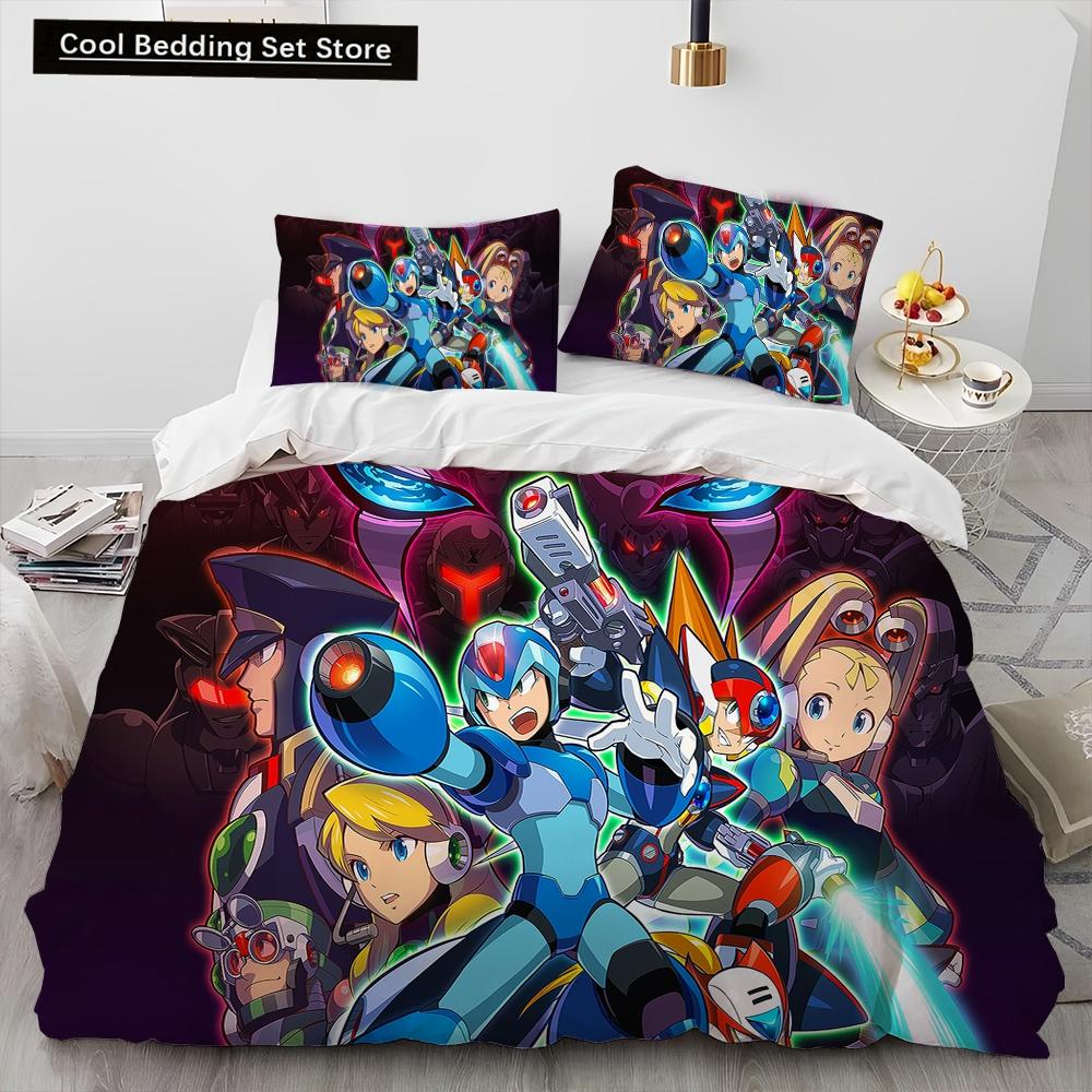 3D Рокмен Мегамен Игра Мультяшный Комплект Постельного Белья Одеяло Пододеяльник Наволочка,Королевский Размер Квинсайз Детский