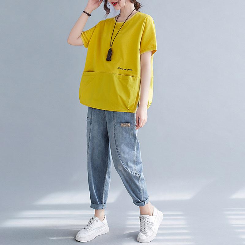 Dimanaf Лето 2023, женская футболка, хлопковая футболка с летучей мышью, модные лоскутные топы, футболки, рубашка-туника, свободные карманы, повседневные однотонные топы и футболки большого размера, желтые