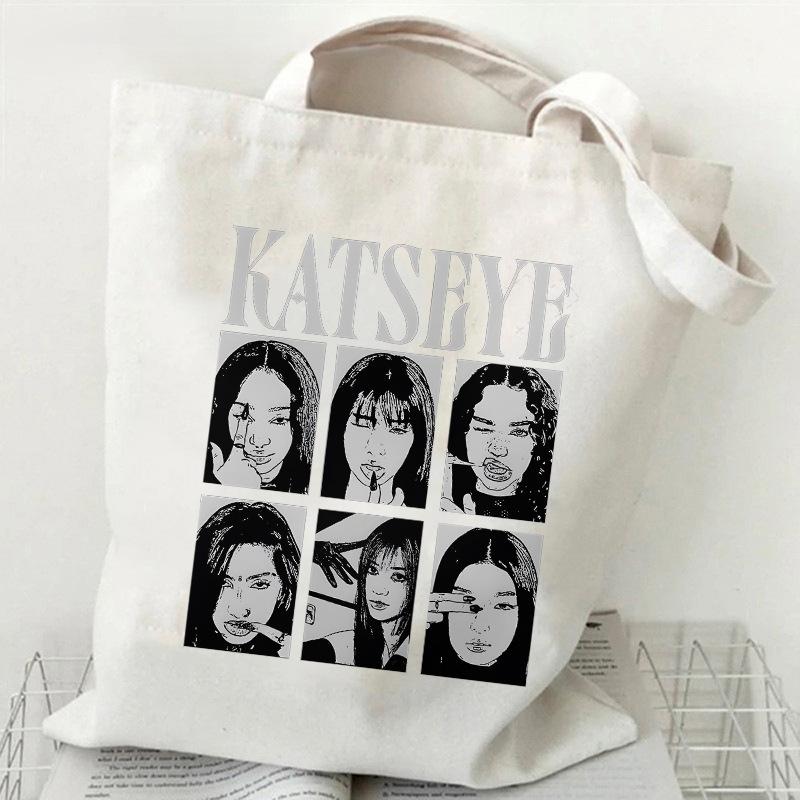 KATSEYE Canvas Tote Bag Retro Girl Group Print Large Capacity Shoulder Bag Handbag Fashion Versatile Shopping Tote 60123-5