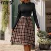 Женская мода осень зима клетчатый принт с длинным рукавом и воротником-стойкой с высокой талией повседневные платья