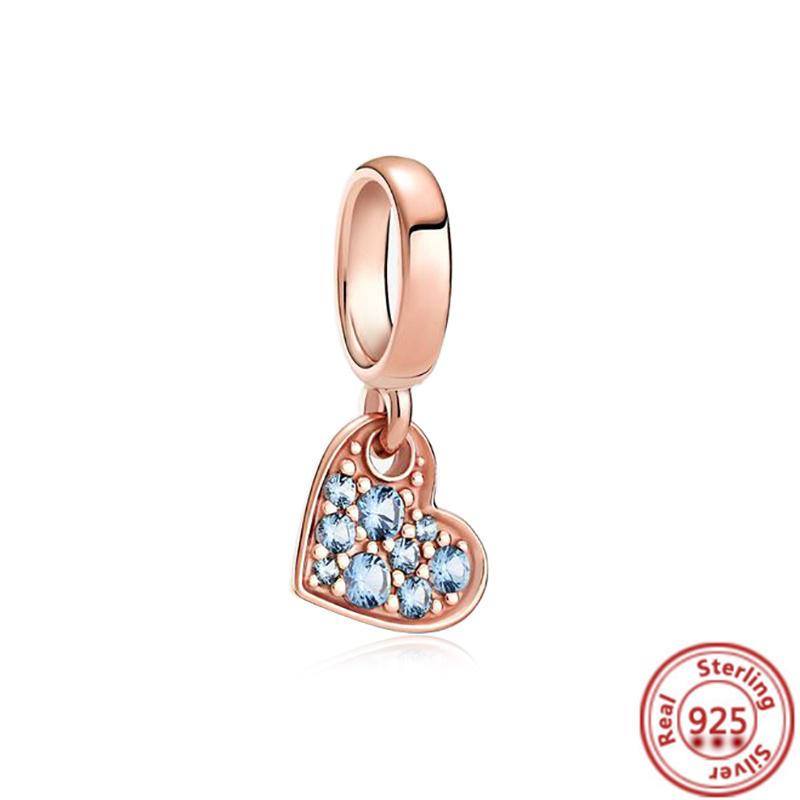 Hot Sale Rose Gold Series Pink Zircon Leaves Heart Pendant Sparkling Clip Bead Fit Charm Bracelet DIY S925 Silver Jewelry
