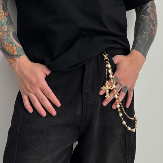 Pants Chain Faux Pearls Metal Flower Decor Wallet Chain Multi-layered Design Hip-hop Style Wallet Chain Wearable Art Accessory