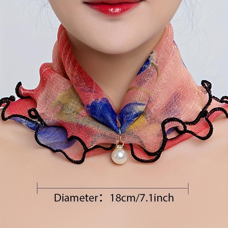 Lace Elegant Thin Neckerchief Colorful Print Mesh Scarf Faux Pearl Pendant Neck Scarf Gauze Women Accessories