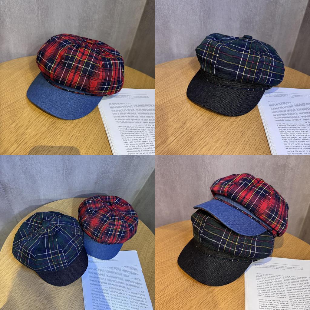 Cotton Retro Twill Spliced Checkered Beret Cap With Curved Brim For Wear Casual