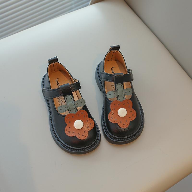 Baby Girls Leather Shoes Kids T-strap Flats with Sweet Flowers Toddlers Children Kindergarten School Princess Fashion Shoes Soft