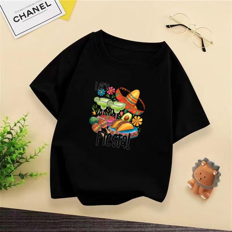 Cartoon Painted Mexico May 5th Festival Childrens Tshirt Ethnic Style Casual Short Sleeved Tshirt for Boys and Girls